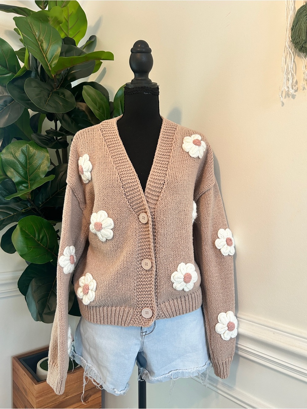 Taupe Floral Appliqué V-Neck Cardigan Sweater